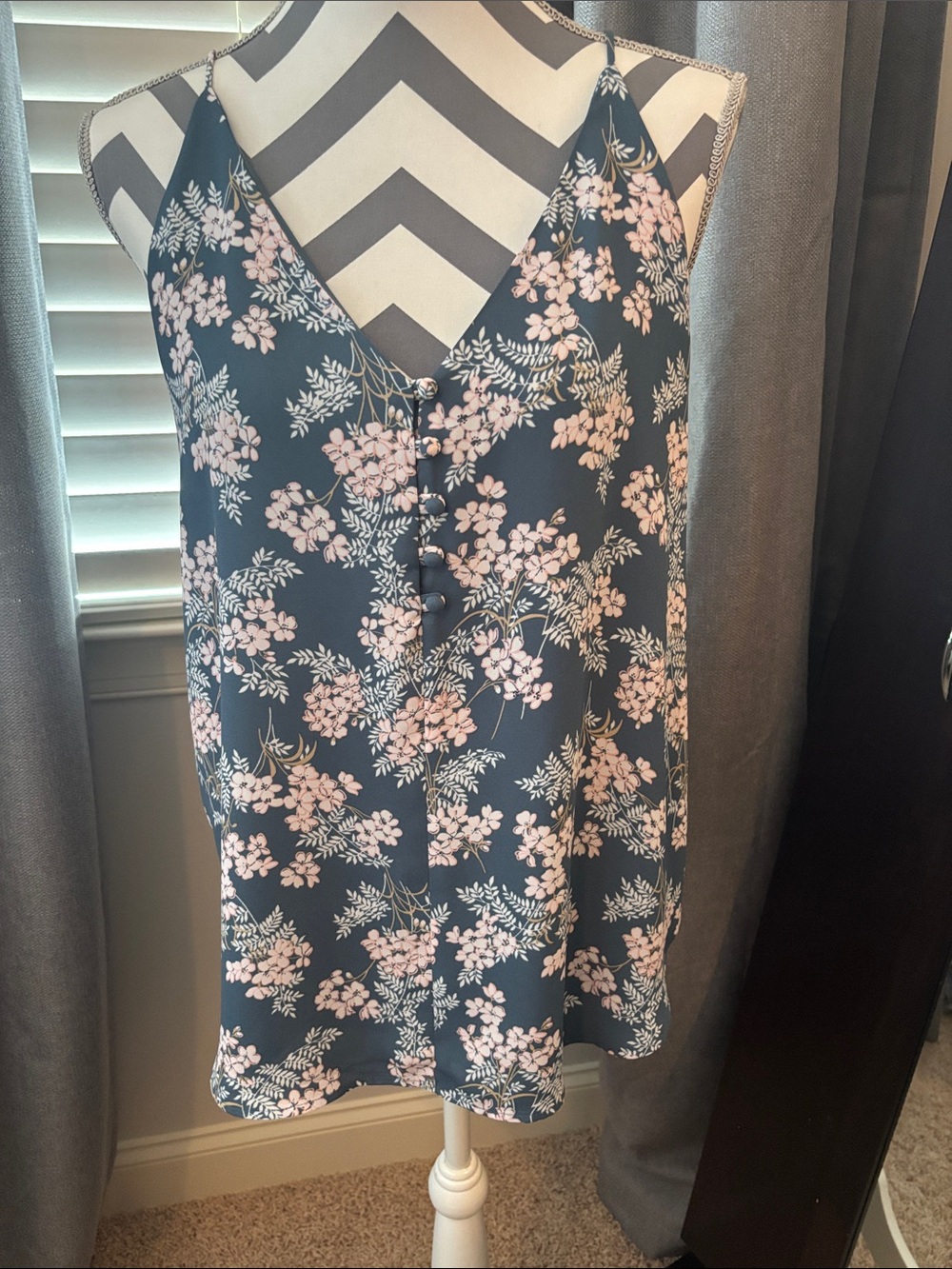LOFT Navy Floral V-Neck Button Front Cami with Pink Blossoms
